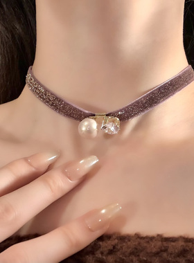 HEY TAO法式复古闪钻珍珠丝绒choker颈带项链女精致优雅项圈颈链