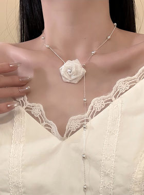 HEY TAO韩系精致珍珠花朵项链长款抽拉锁骨链配饰超仙气质颈链女