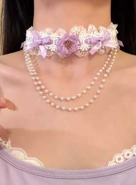 HEY TAO紫色花朵蝴蝶结蕾丝choker项链女甜美气质颈带小众锁骨链