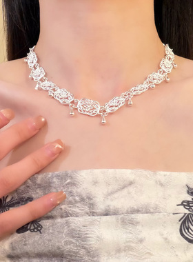 HEY TAO复古银色雕纹水滴吊坠choker项链女小众时尚设计感锁骨链