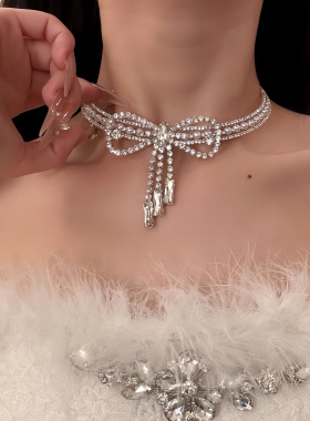 HEY TAO千金感闪钻蝴蝶结流苏choker项链女轻奢时尚设计颈链配饰