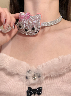 HEY TAO千金感粉色闪钻Kitty猫锆石项链女小众甜美气质choker颈链