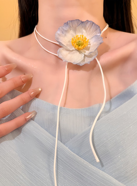 HEY TAO春夏季蓝色花朵系带项链女海边度假风拍照颈链配饰锁骨链