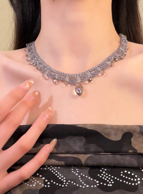 HEY TAO新中式灰色多层蕾丝串珠项链女款复古气质颈链配饰锁骨链