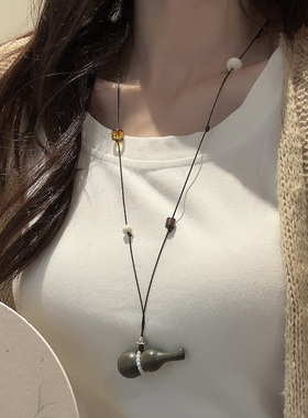 HEY TAO复古黑檀木葫芦吊坠项链女款秋冬百搭气质毛衣链配饰颈链