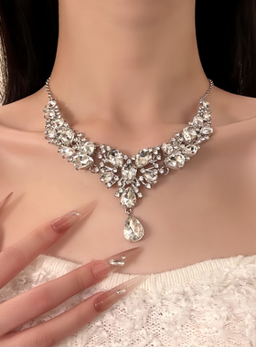 HEY TAO奢华满钻水滴流苏项链女高级感宴会晚礼服颈链配饰锁骨链