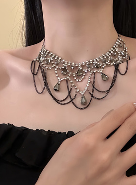 HEY TAO重工复古满钻黑水晶流苏项链轻奢宴会礼服颈链配饰锁骨链