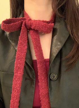 HEY TAO秋冬季红色毛绒围脖颈带项链女氛围感长款针织毛衣链配饰