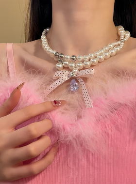 HEY TAO复古双层闪锆珍珠choker蝴蝶结项链女甜酷气质颈链锁骨链