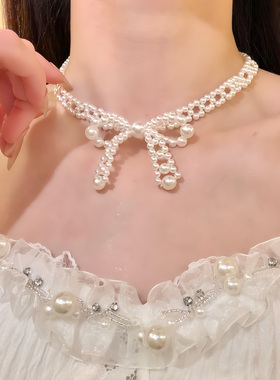 HEY TAO复古白色蝴蝶结珍珠choker项链女温柔气质颈链配饰锁骨链