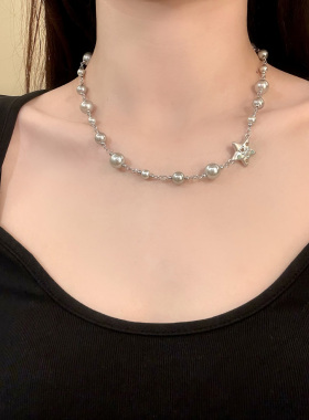 HEY TAO双层灰色珍珠星星叠戴项链女秋冬百搭气质毛衣链配饰颈链