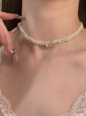 HEY TAO精致贝母蝴蝶珍珠颈链choker项链女轻奢高级感锁骨链配饰