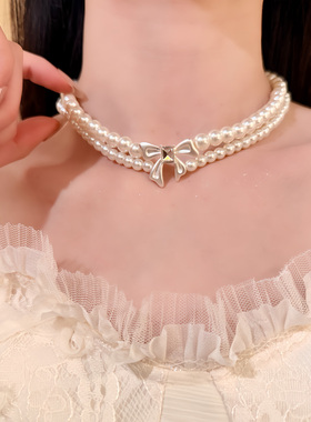 HEY TAO复古少女感双层蝴蝶结珍珠项链女温柔气质choker颈链配饰