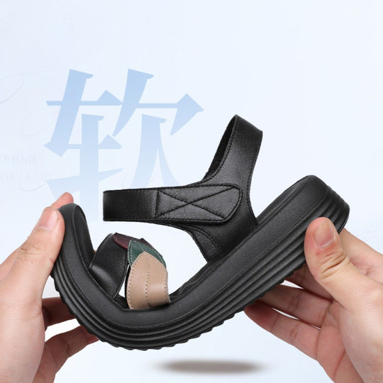 红蜻蜓女凉鞋2025夏季头层牛皮轻便舒适中老年防滑平底妈妈女鞋