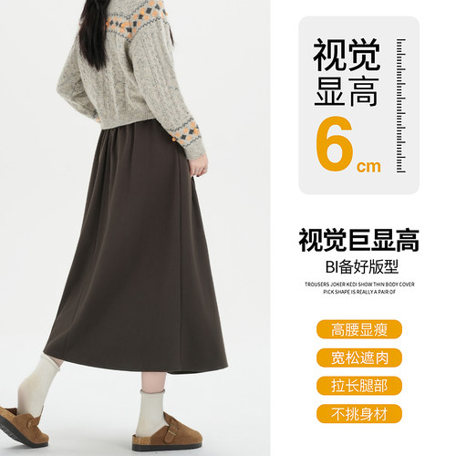 复古咖色毛呢半身裙女秋冬季加厚高腰a字伞裙高级长款呢子百褶裙 - 图1