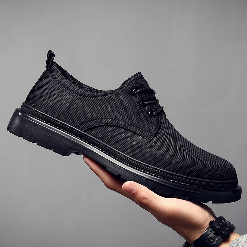 透气鞋夏天新款黑色商务休闲鞋经典薄款轻便防臭网鞋男系带帆布鞋 - 图2