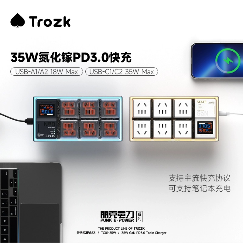 Trozk特洛克朋克电力硬盒35W氮化镓快充桌面插座电竞插排插线板-图1