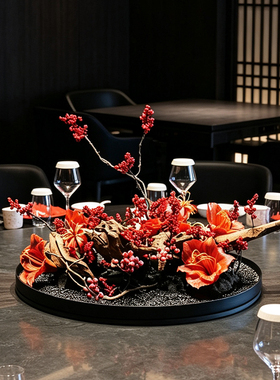 酒店餐桌中间摆花桌摆设大圆桌转盘装饰摆件红色发财浆果景观桌花