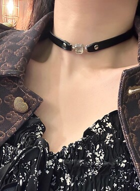 宝石欧美黑色皮绳辣妹甜酷脖颈链锁骨链choker项链皮质项圈女颈带