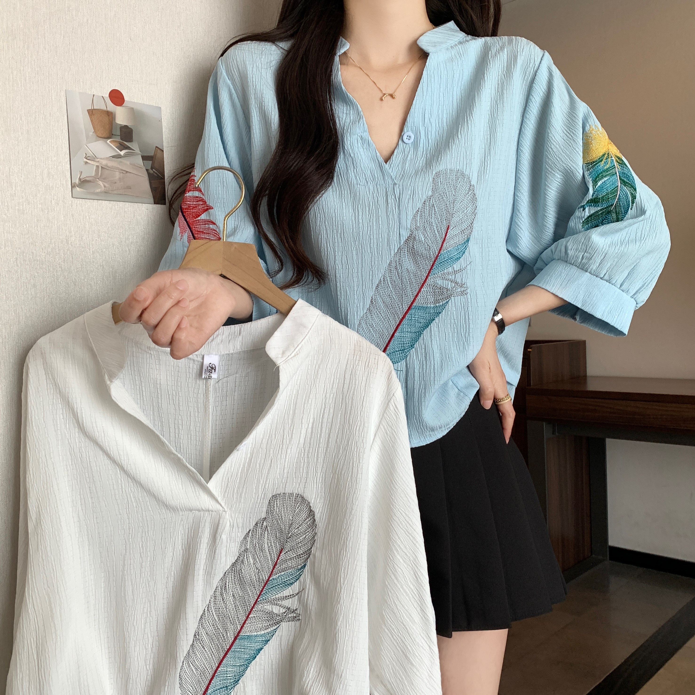 大码女装V领刺绣棉麻衬衫夏季胖妹妹设计感别致宽松七分袖上衣潮,淘宝优惠券,粉丝福利购,淘宝优惠卷