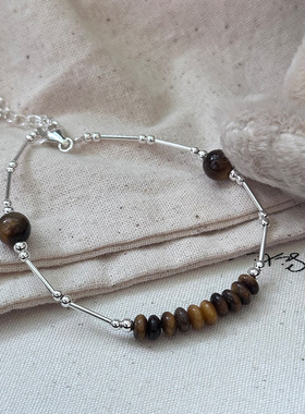 月光女神 925纯银虎眼石细管串珠手链女韩版简约手工穿制设计百搭