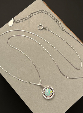 月光女神 925纯银满钻圆形欧泊石项链女简约轻奢精工锆石碎钻锁骨