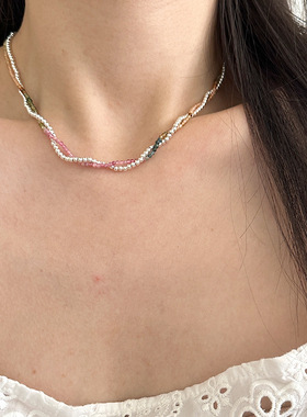 月光女神 925纯银双层缠绕碧玺银珠项链时髦洋气多巴胺风格锁骨链