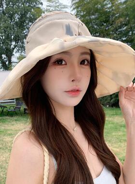 国风水墨大帽檐防晒帽女夏透气网顶蝴蝶结防紫外线可折叠遮阳帽