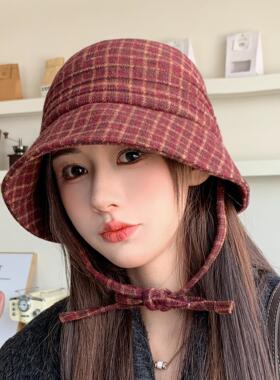 韩版ins风格纹水桶帽女秋款可调节防风帽高级感风气质遮阳太阳帽