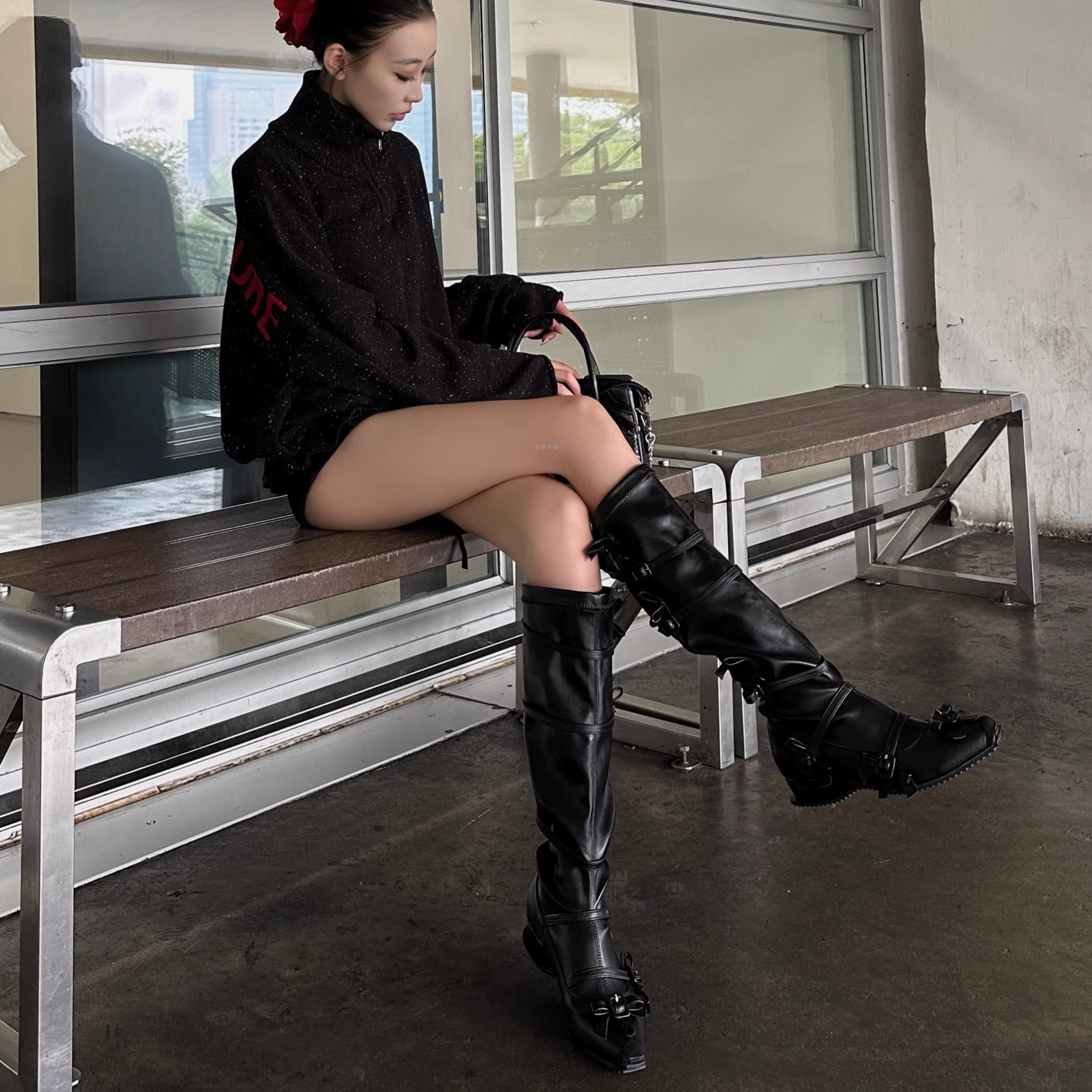 2026新款花朵蝴蝶结绑带长靴厚底增高显瘦高筒长筒靴街头机车风靴,淘宝优惠券,粉丝福利购,淘宝优惠卷