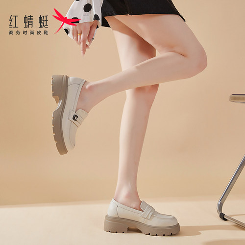 红蜻蜓乐福鞋女秋季新款时尚百搭一脚蹬日系风女豆豆鞋粗跟增高鞋 - 图1