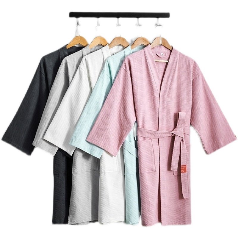 秋冬三利华夫格浴袍毛巾料超吸水速干家用浴衣长款情侣薄全棉睡袍