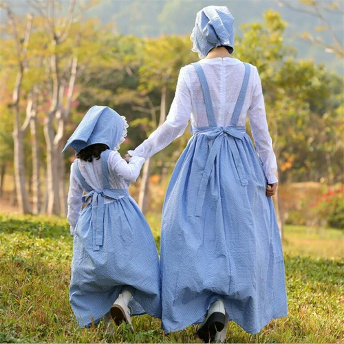 Французское платье с цветочным узором для девочек в синюю клетку, платье для фермерской девушки, пасторальный стиль, фотография, наряд для родителей и детей, наряд горничной