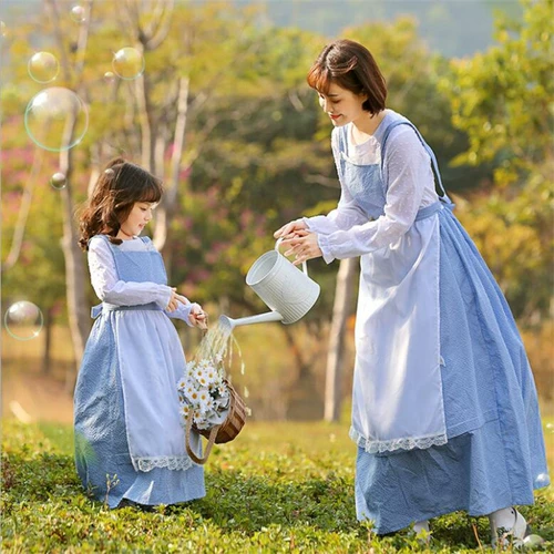 Французское платье с цветочным узором для девочек в синюю клетку, платье для фермерской девушки, пасторальный стиль, фотография, наряд для родителей и детей, наряд горничной