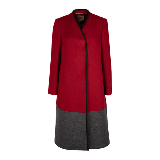 FUFEN福芬冬季新款毛呢外套宽松v领拼色长款羊毛外套DY-14122
