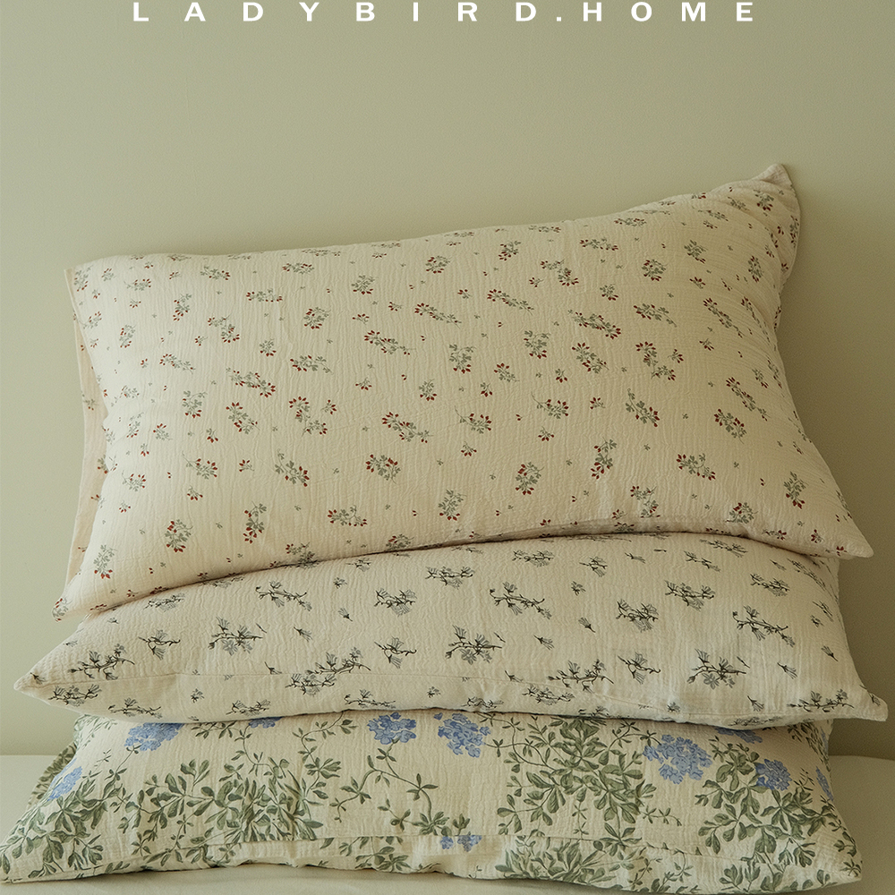 ladybird home北欧插画纯棉皱皱纱枕套法式复古碎花双层纱枕芯套 - 图1