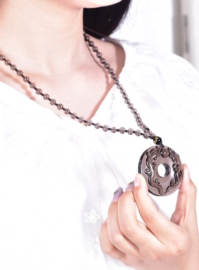 天然冰种黑曜石双龙戏珠吊坠