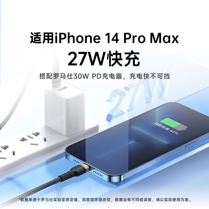 罗马仕镀金数据线20W适用于苹果13iPhone14proiPad12快充数据线手机快充线PD闪充电线器头2米TypeC转Lighting