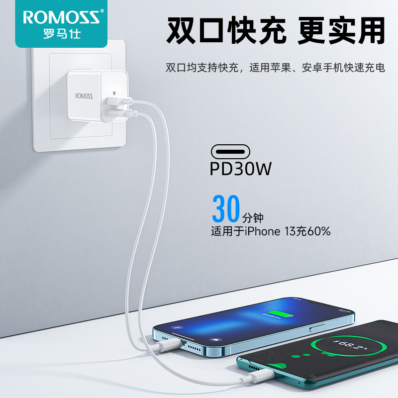 罗马仕双口PD30W充电器头适用于华为苹果iPhone14 iPad安卓13promax手机双口快充插头18数据线typec充电头 - 图2