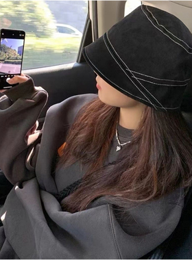 黑色盆帽女气质素颜遮脸渔夫帽显脸小帽子秋冬百搭简约学生水桶帽