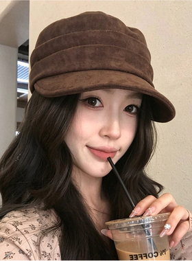 麂皮绒马术帽子女秋冬季帽子休闲百搭鸭舌帽显脸小平顶帽贝雷帽