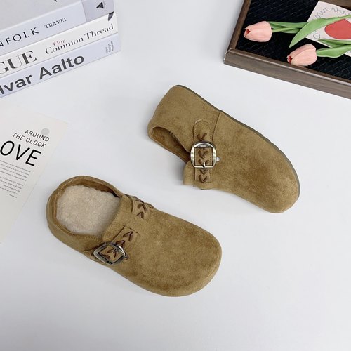 2025秋冬新款麦穗加绒勃肯鞋女一脚蹬懒人鞋舒适百搭休闲鞋 - 图1