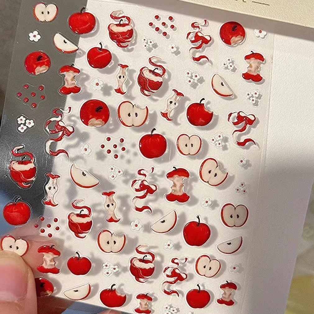 新款可爱卡通苹果猫咪浮雕美甲贴纸5d立体青苹果diy笔杆美甲贴纸,淘宝优惠券,粉丝福利购,淘宝优惠卷