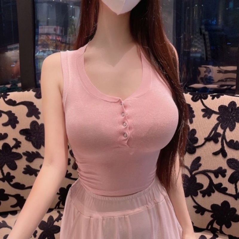 韩国东大门新款性感女人味一排扣紧身微透显身材背心女内搭上衣潮-图2