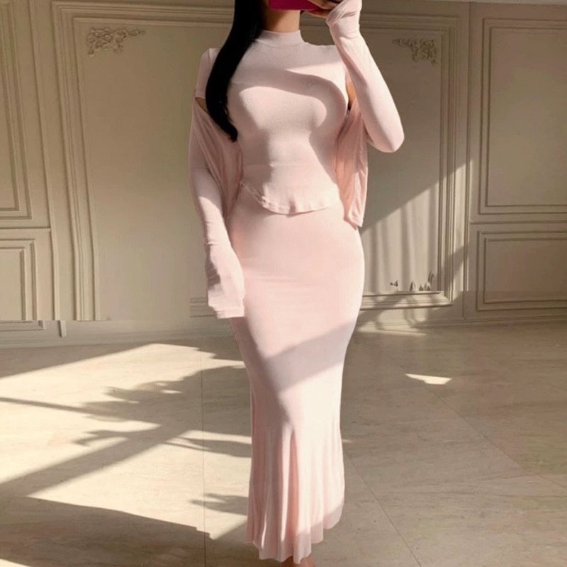 韩国东大门半高领短袖T恤+长袖开衫+性感包臀鱼尾半身裙三件套女,淘宝优惠券,粉丝福利购,淘宝优惠卷