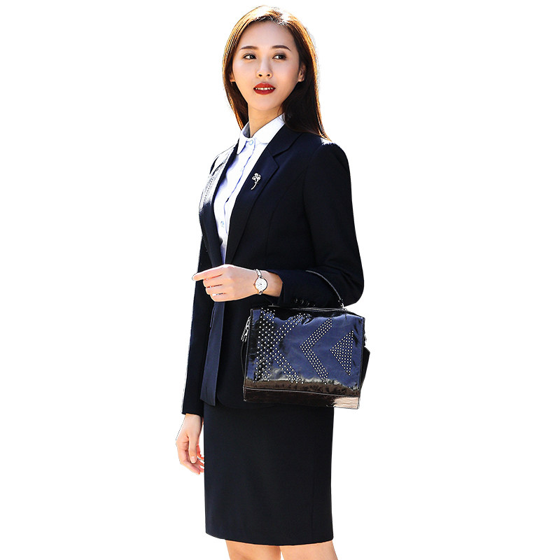 韩茗雅藏青色职业西装套装女士上班 韩茗雅服饰职业女裤套装