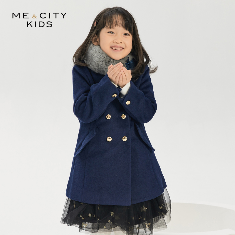 MECITY童装春季女童呢子大衣双排扣有绒领大衣时尚