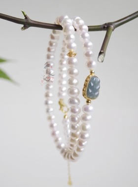淡水珍珠蓝水翡翠项链&叠戴手链