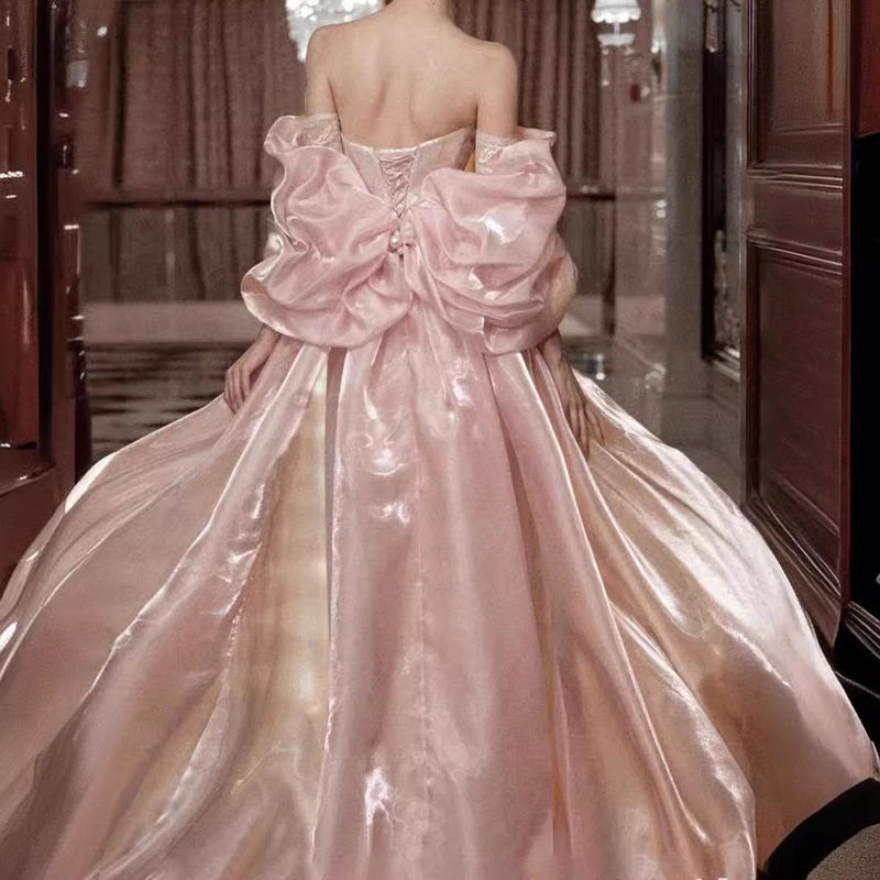 粉色主持人一字肩年会星空敬酒服模特走秀拖尾人鱼姬18岁成年礼服