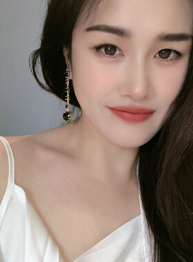 轻奢风高级感黑色锆石长耳环镀银针人鱼泪滴耳坠时尚通勤耳饰品